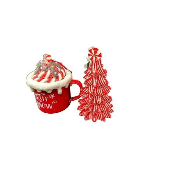 Peppermint Tree Cocoa Mug Ornament Set Christmas Holiday Festive Candyland Red - Picture 2 of 7